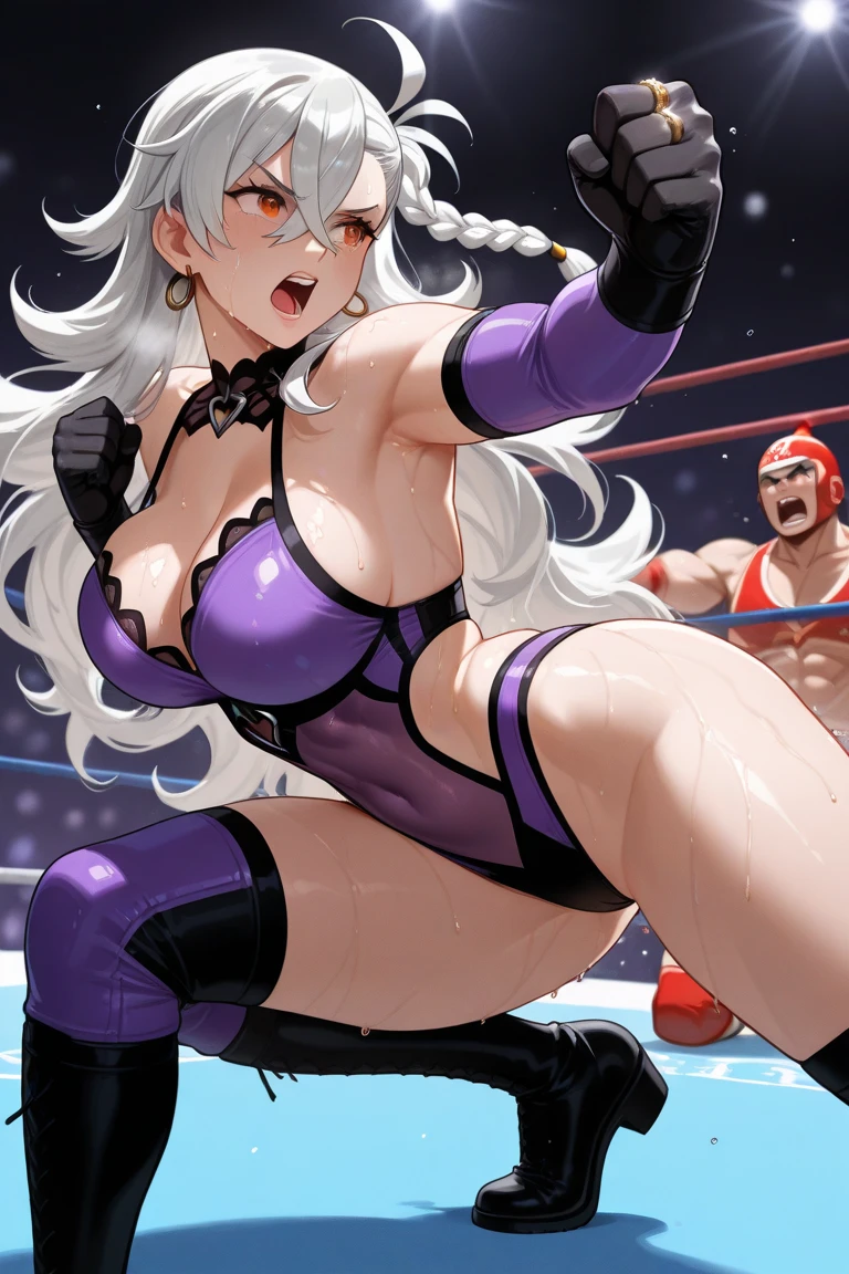 (((masterpiece))),(((best quality))),(ultra-detailed,high resolution:1.2),(illustration),((an extremely delicate and beautiful)),(detailed background), cowgirl position, bouncing breasts,(((man of top))), ((head back)), tongue out, pussy, vaginal penis, (((motion lines))), (((vulgarity))), motion lines, (((wrestling ring))), ((1girl)and(1boy)), hetero, (1girl,tall stature),((((Bronya Rand/(Honkai:star rail/)))),official alternate costume, (slender body:1.4), (long hair,drill hair),grey hair,hair between eyes, grey eyes, (large breasts), pale skin,shiny skin, ((((ahegao)))), (rolling eyes:1.4),(trembling), ((She wears dress,white dress, black silk stokings,leggings,black footwear, thigh boots, elbow gloves,black gloves, long sleeves, sleeveless, jewelry,earrings), (cum in pussy:1.4),cum on clothes,cum on breasts,excessive cum, clothing aside, clothed, (1boy,tall stature:1.4), ((((tartaglia/(genshin impact/)))),large penis, [[[[he looks smug]]]], text,