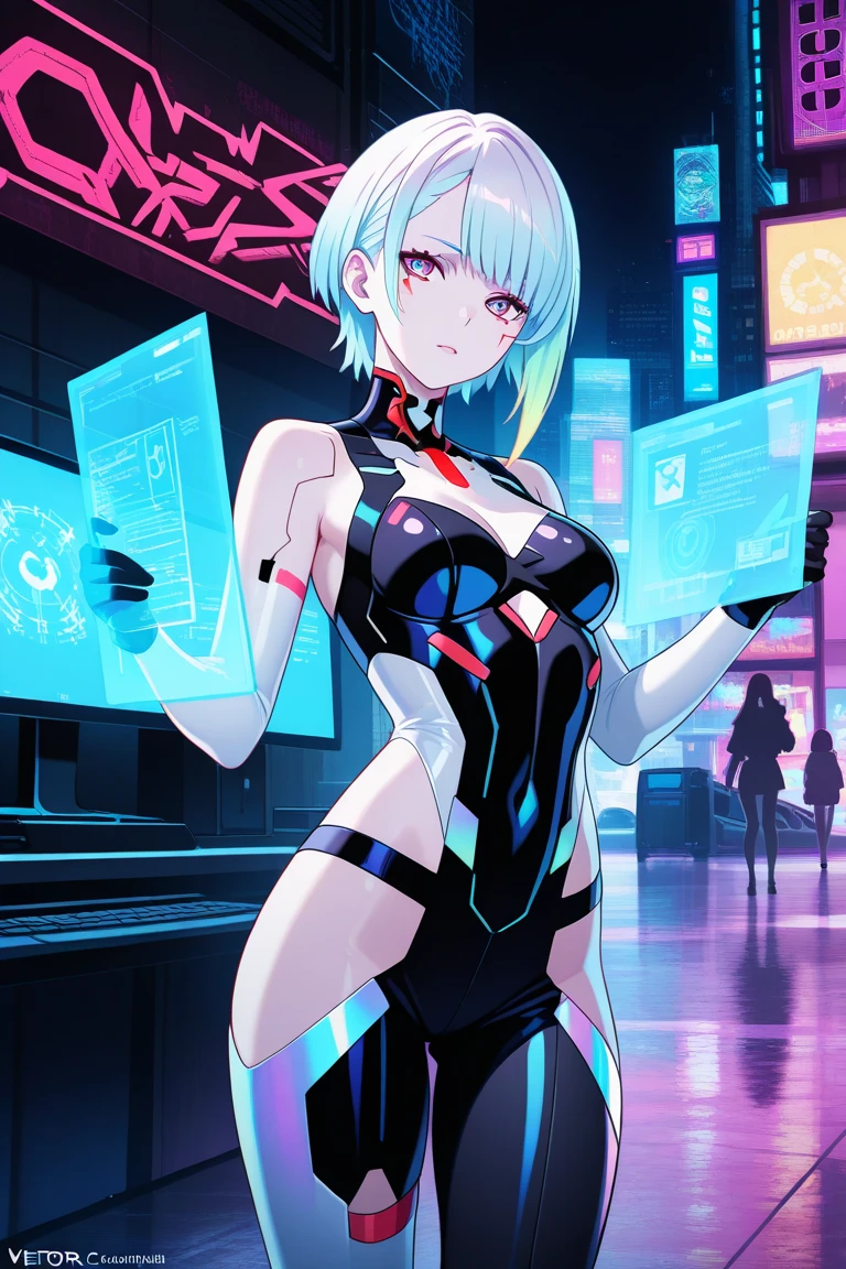 (Masterpiece: 1.2), (Best quality: 1.2), Superb resolution, Very detailed. BREAK. ((Anime girl in cute futuristic school uniform)), clear girl, (1, Tech-savvy, 17 years old: 1.3), curious expression, techy pose, sleek bob haircut, cybernetic eyes, slim figure, (Top quality: 1.2), very high resolution, very detailed. Expressive eyes, beautifully detailed lips, high resolution detailed hair, perfect face, smooth skin, hologram-projecting hands, perfect lighting. BREAK. ((Futuristic uniform with LED accents)), ((Sleek white jumpsuit, glowing blue trim, digital displays: 1.3)), touch-screen cuffs, hover-sneakers. BREAK. (High-tech classroom), holographic screens, robot, anti-gravity desks, (cowboy shot framing: 1.2). BREAK. ((Positive: 1.3)). BREAK. Digital animation art, sci-fi anime style illustration, golden hair, pink eyes