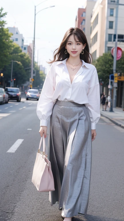 (Highest quality、 8k 、masterpiece、High resolution)、Young lovely woman、Ample breasts、Smooth and unnoticeable collarbone、Slender beauty、(Brown hair medium、My hair is blowing in the wind、Flows backwards)、Full Body Shot、 (Beautiful Face,Beautiful Eyes,Beautiful nose,Pretty lips)、(Stephanie hoove earrings、silver heart necklace)、((Official Casual、knit、shirt、slacks、skirt、Black or white、Finish with basic colors such as pink))、Has an official bag、Her mouth opens slightly and a smile appears.、Nice pose、Building district、office Street、looking at the camera、Professional Lighting、Professional photographer、Detailed CG、