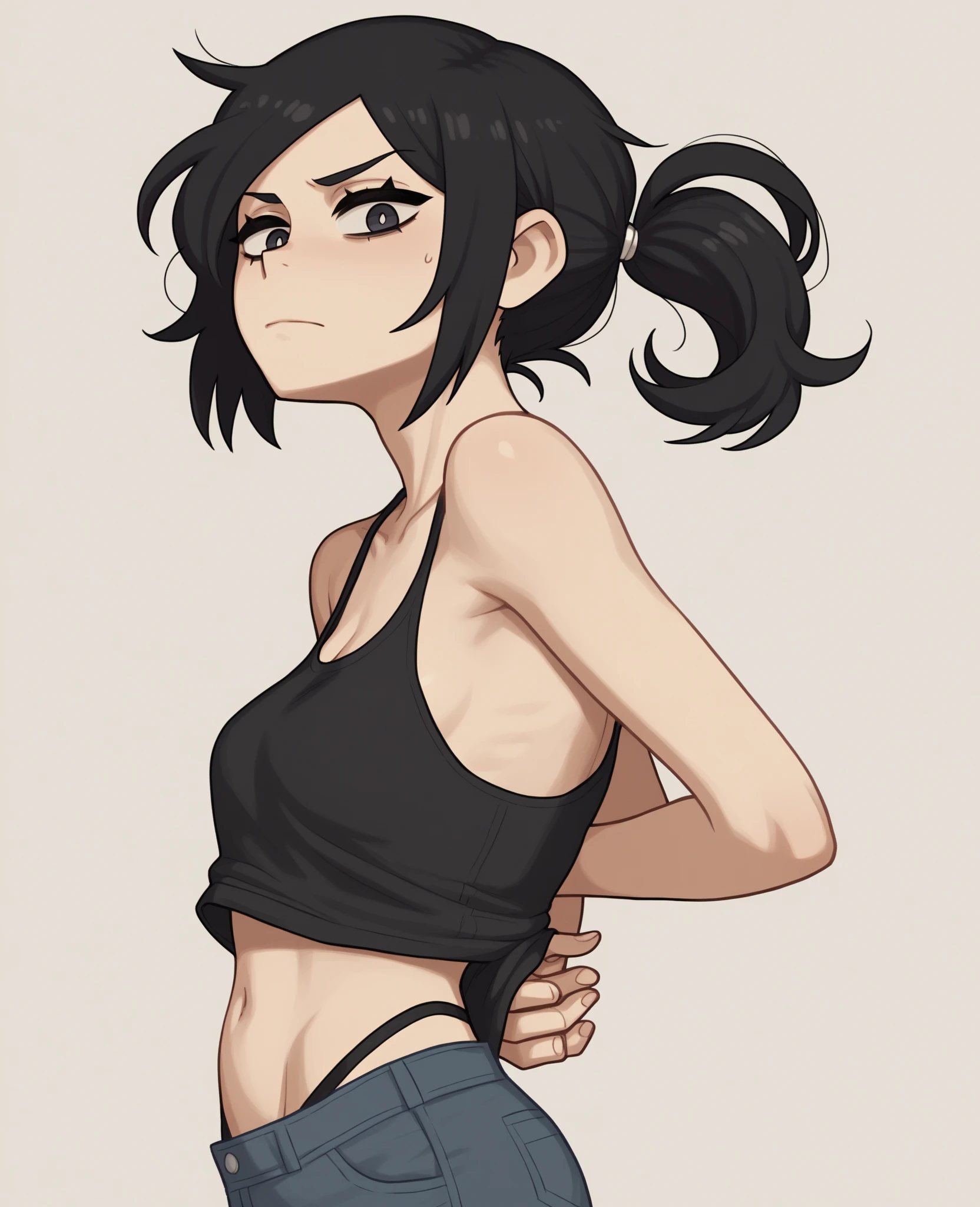 cutesexyrobutts style, solo, 1girl, masterpiece, best quality, muted pastel colors, ((dark skinned woman)), ebony, tomboy, ear piercing, messy spiky hair, brown eyes, brown eyes, blush, black hair, collarbone, gym clothes, half body, small breasts, curvy, empty background, white background, , cowboy_shot,