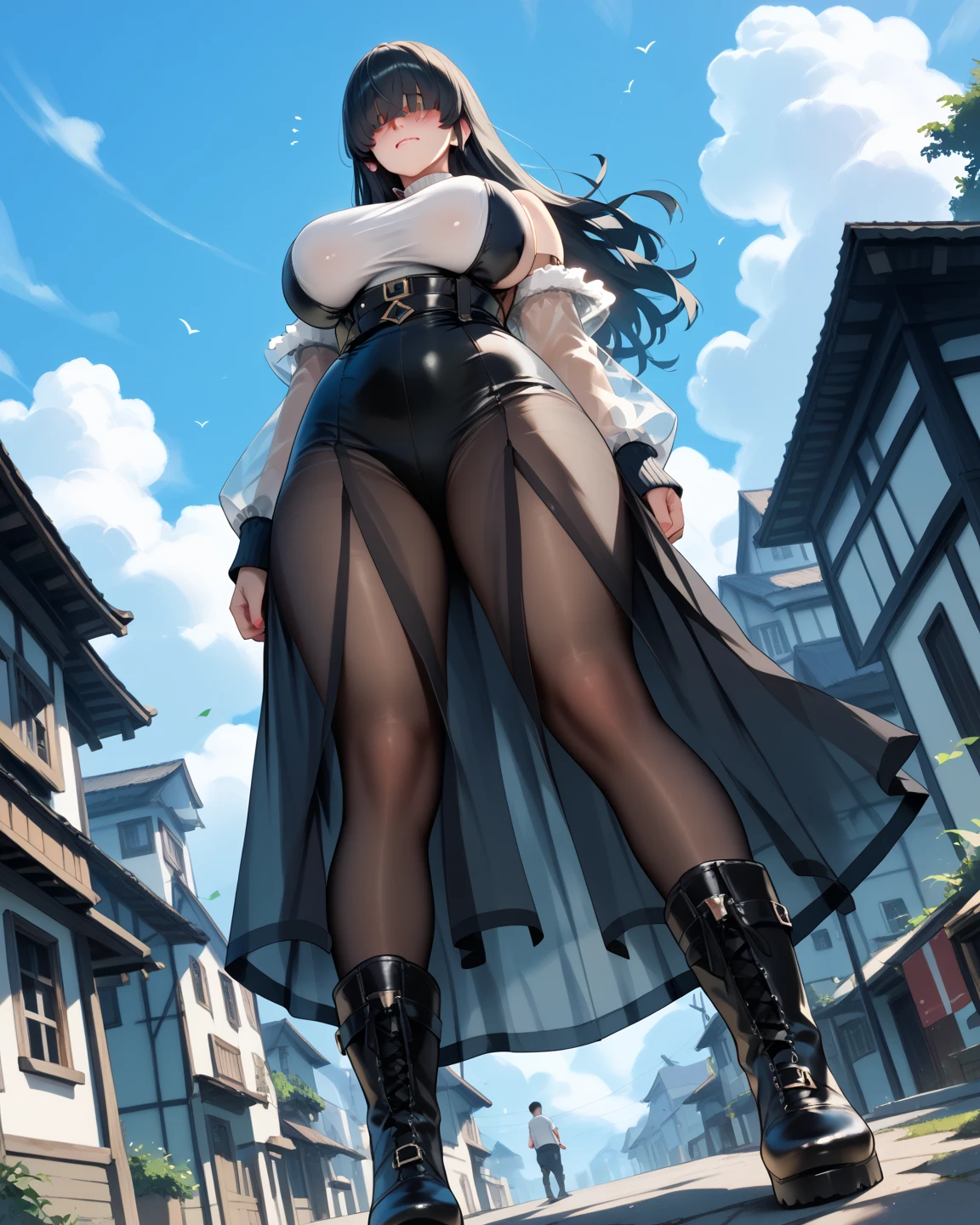 A seductive giantess in a flowing yellow dress, with long raven-black hair and mesmerizing blue eyes, lounges on a sun-drenched hillside. Her legs crush the wildflowers and tiny creatures beneath her. She gazes down at the tiny humans with a sultry smile, her voice a sensual whisper filled with teasing mockery. Her body radiates an aura of raw sexual power and dominance. Giantess, Goddess, sexy legs, dress, hot, curvy body, mommy issues, tiny people, macrophilia, perspective from below, high quality, almost naked, mature woman, hillside, erotic.

