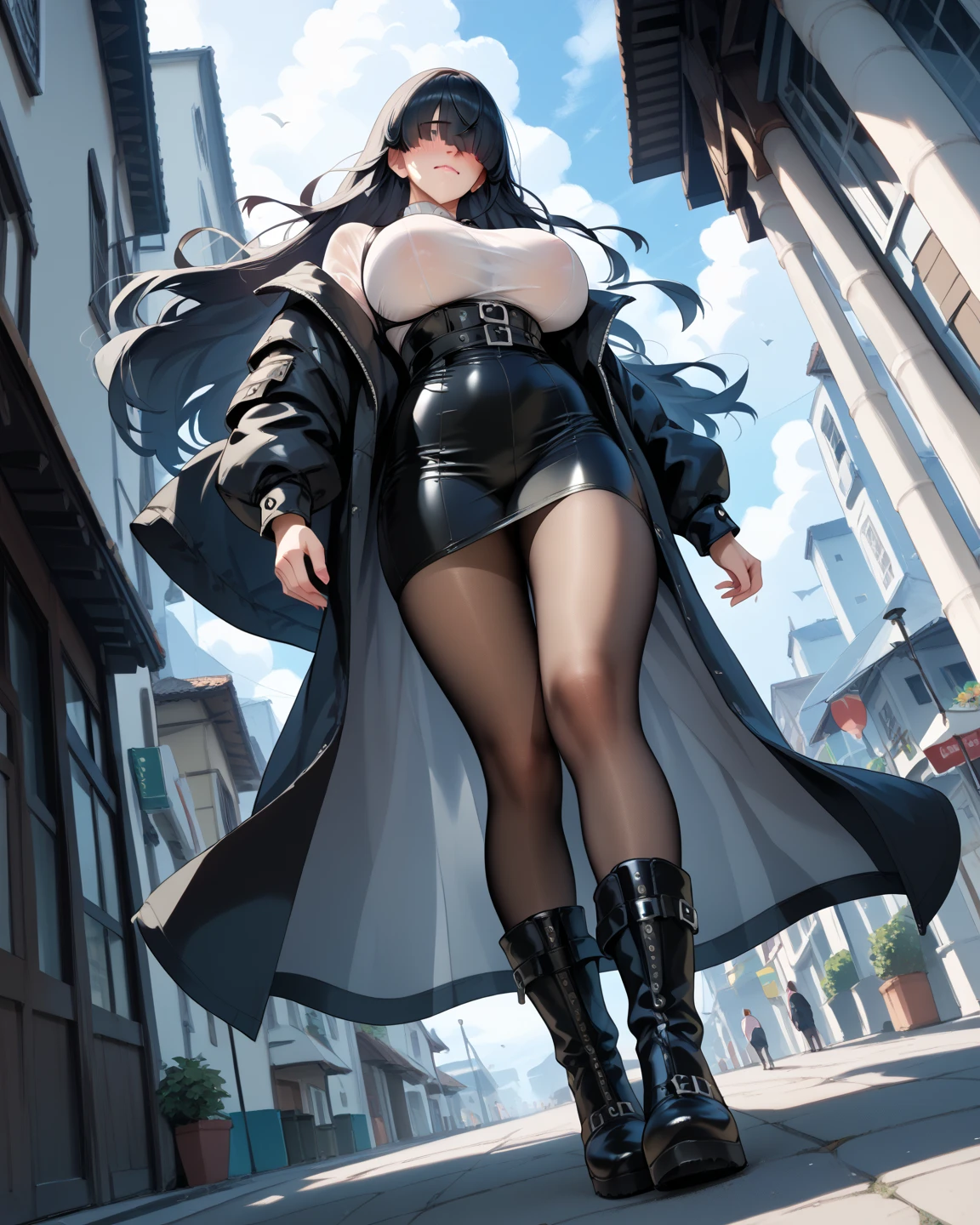 Curvy blue eyed girl with long wavy black hair and small breasts, (cruel_expression):4.0, lewd:2.0, (pubic_stubble):3.0