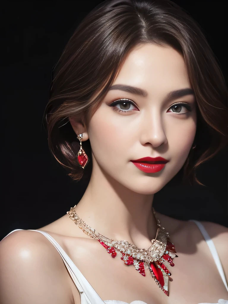a stunning 20yo woman with piercing brown eyes and medium blonde hair, wearing red lace and stockings, realistic, necklace, intricate details in the clothing, sexy pose, studio lighting to enhance the depth and realism of the image, big breast, white skin, full body 1:3 , highest quality, Accurate, UHD, retina, High resolution, 8K, 3/4 portrait from the head to the thighs