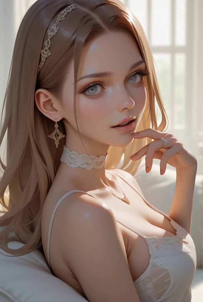 An aristocratic young woman from a fictional European medieval aristocracy is looking at us with seductive eyes, No clothes,Plain big breasts. Her small, Well-proportioned breasts tilted forward,The tip is almost invisible. His face and body were worn out by countless piercings. Wore a lot of silver jewelry. This piece has a very realistic oil painting style tone,It is characterized by artistic expression that seems to be a fusion of pop art and avant-garde art.