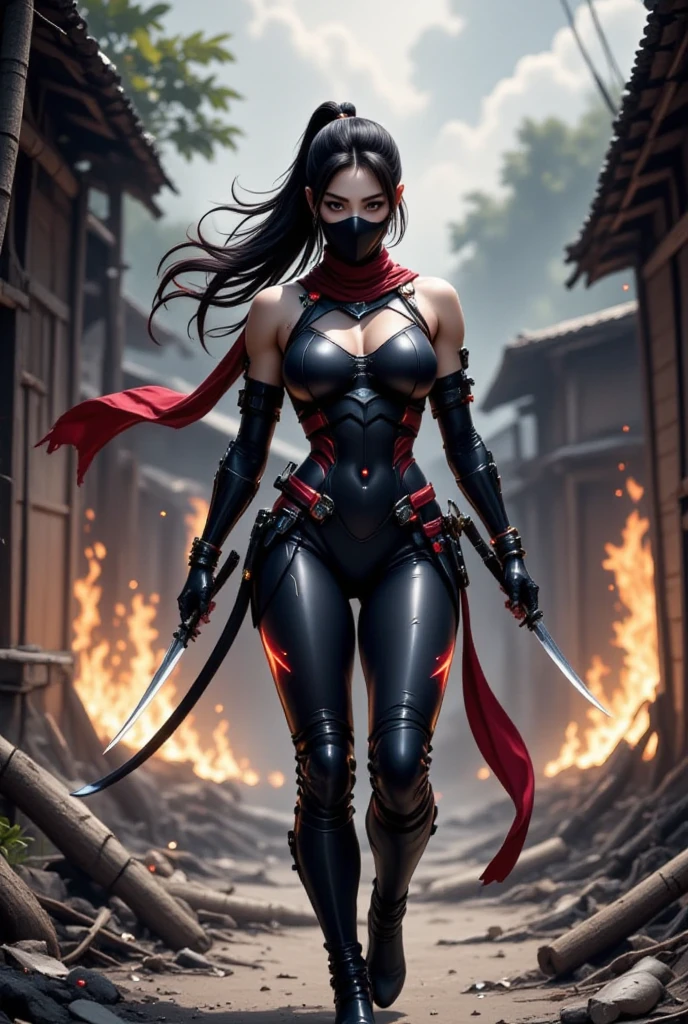 ((best quality)), ((masterpiece)), (detailed), Female shinobi looking back, shot from behind, masked, visible long black hair, with katana, dark padded outfit with leather and metallic accessories, black and red, dark tones, muted colors, high contrast, hyperrealism, black backdrop, minimal lighting