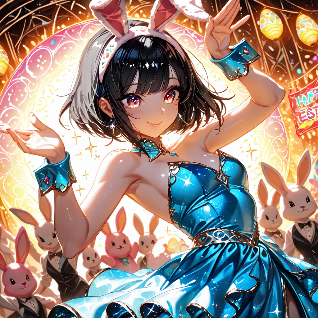 (Highest quality, 8k, 32K, masterpiece, Ultra-high resolution,:1.2),to be born, One Girl,So cute , Casino-like fantasy background, clear, Shining Eyes, Age 25 ,Fair skin, Black hair girl, Fantasy Clothing, Long Hair, An innocent smile, Small , night, Bunny girl, Rabbit Ears,Nyan Nyan Pose,sexly,Sparkling,22.2 Sparkling,Rainbow colored leotard,Right facing pose