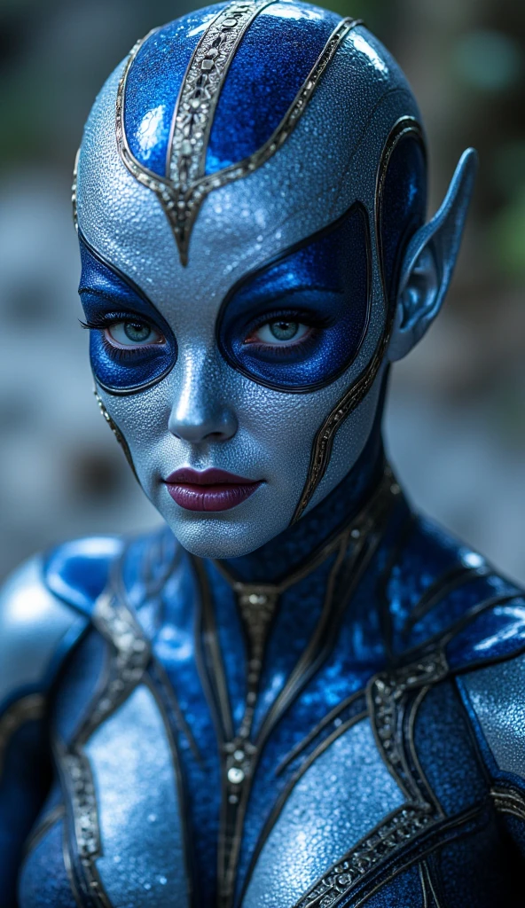 close-up, full length,blue alien humanoid female from another planet ,looking at me, flirt,sexy, ultra high quality detailing