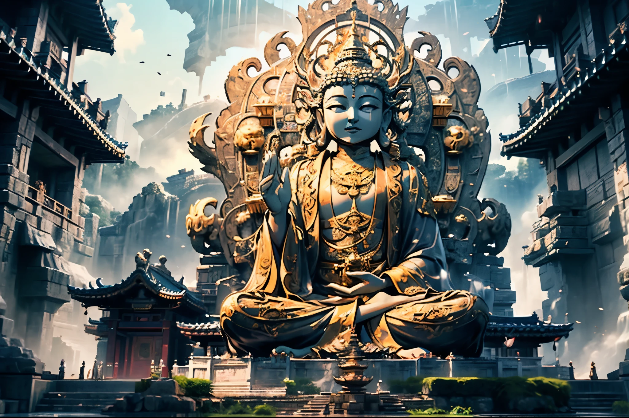 intricate_stone_buddha_carvings,flying_apsaras_reliefs,ancient_guanyin_statue,weathered_cliff_wall_sculptures,song_dynasty_artistry,detailed_flowing_robes,divine_facial_expressions,lotus_pedestal,religious_stone_art,iron_oxide_stains,eroded_limestone,meditation_posture,divine_nimbus,ritualistic_carvings,sacred_geometry