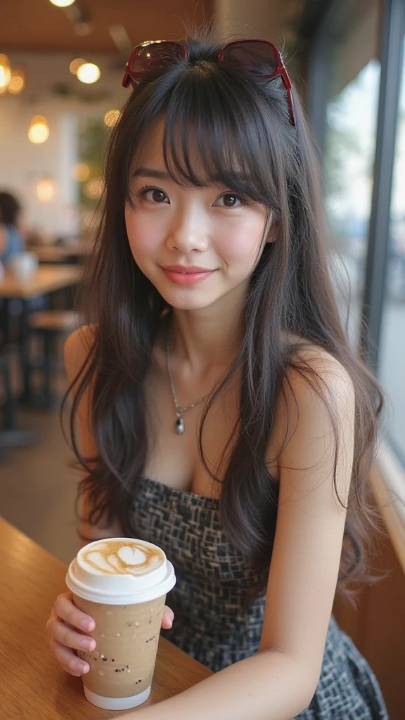 A beautiful Japanese woman in her early 20s with long hair and a sleepy expression, full frontal nude, no underwear、is holding a coffee cup and drinking a latte、Holding the camera for a selfie、