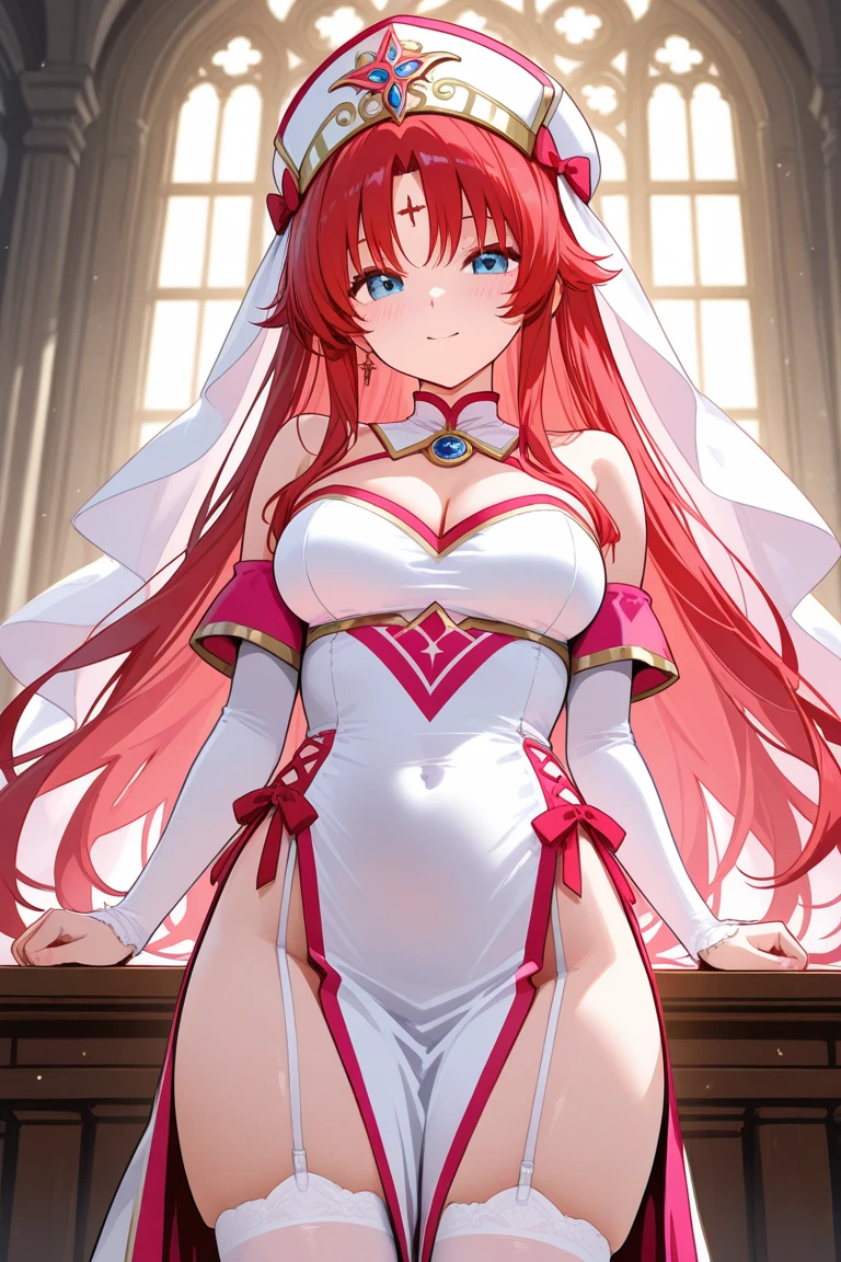 (masterpiece, 4k, best quality, anime style: 1.9, thunder1928, detailed face, tall, mature woman, lovely, (white background), drawing lines, highres, anime, lacus4. white dress with pink design), 1girl, solo, curvy figure, long hair, clavicle, shoulder bone, wavy hair, thighs, hair ornament, pink hair, cleavage, big hands, big blue eyes, off-shoulder, MEDIUM breasts, smile, open mouth very much, very slim belly, hands on hips, leaning forward, very happy, potrait
