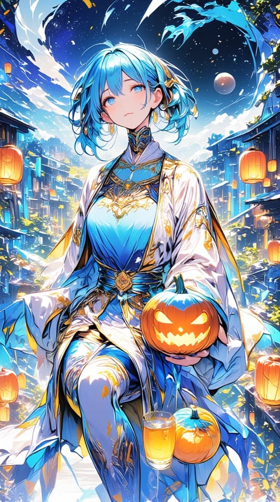 (absurdres, highres, ultra detailed, HDR), masterpiece, intricate details, best quality close-up picture of a character from Ragnarok Online, a character with handsome looks, korean face, original hair, short hair, anime purple eyes, silly face, matured teen, Halloween theme outfit showing chest, crop top, detailed flowery town market background, festive scenery, detailed character, art kenouji