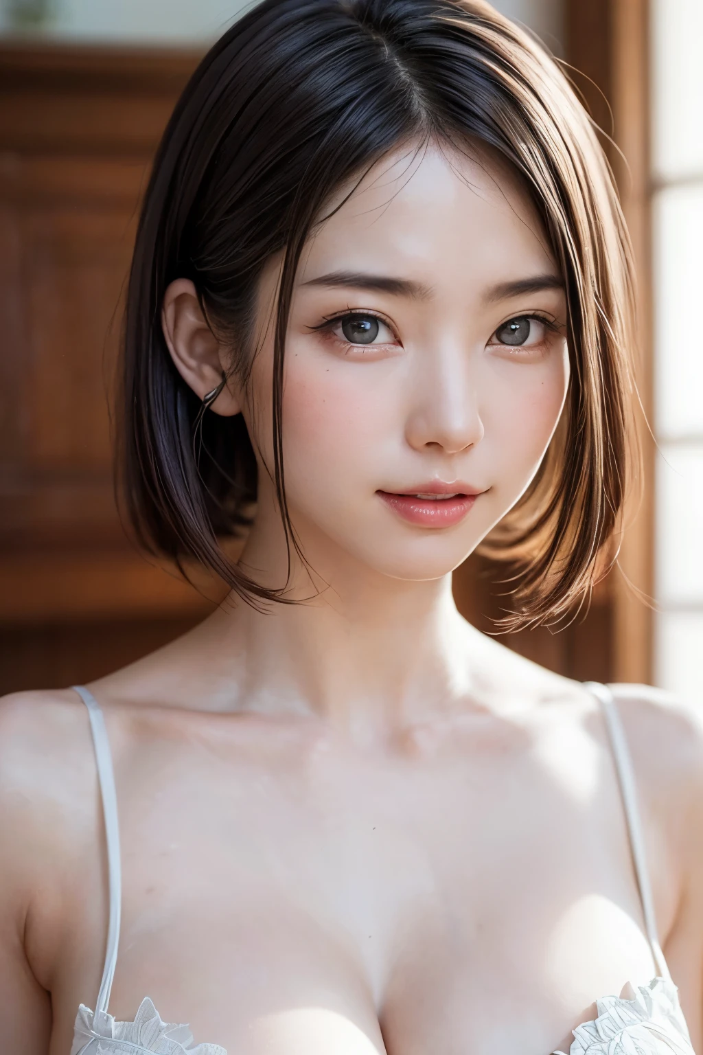Best Quality, Master peace, Ultra high Resolution, (Realistic、、: 1.4), Original Photo, (True Skin Texture: 1.3), (Film Grain: 1.3), Panorama, Portrait, Very Wide Lens, narrow waists, Denim Lens, (In the Dark, Deep Shadows, Low profile, Cold Light,) Night, Close-up, teardrops,ple short hair、the neck is long、Put your ears out、bangs、big Eyes、Light-colored eyes、inside the house, dust, tyndall effects,(expression), sitting, (against the wall), crying, frowning, (looking awdown), nervousness, teardrops,嬉しそうに微笑む
1 girl, beautiful detail eyes and face, white jabot, pink dark V, BROWN EYES,