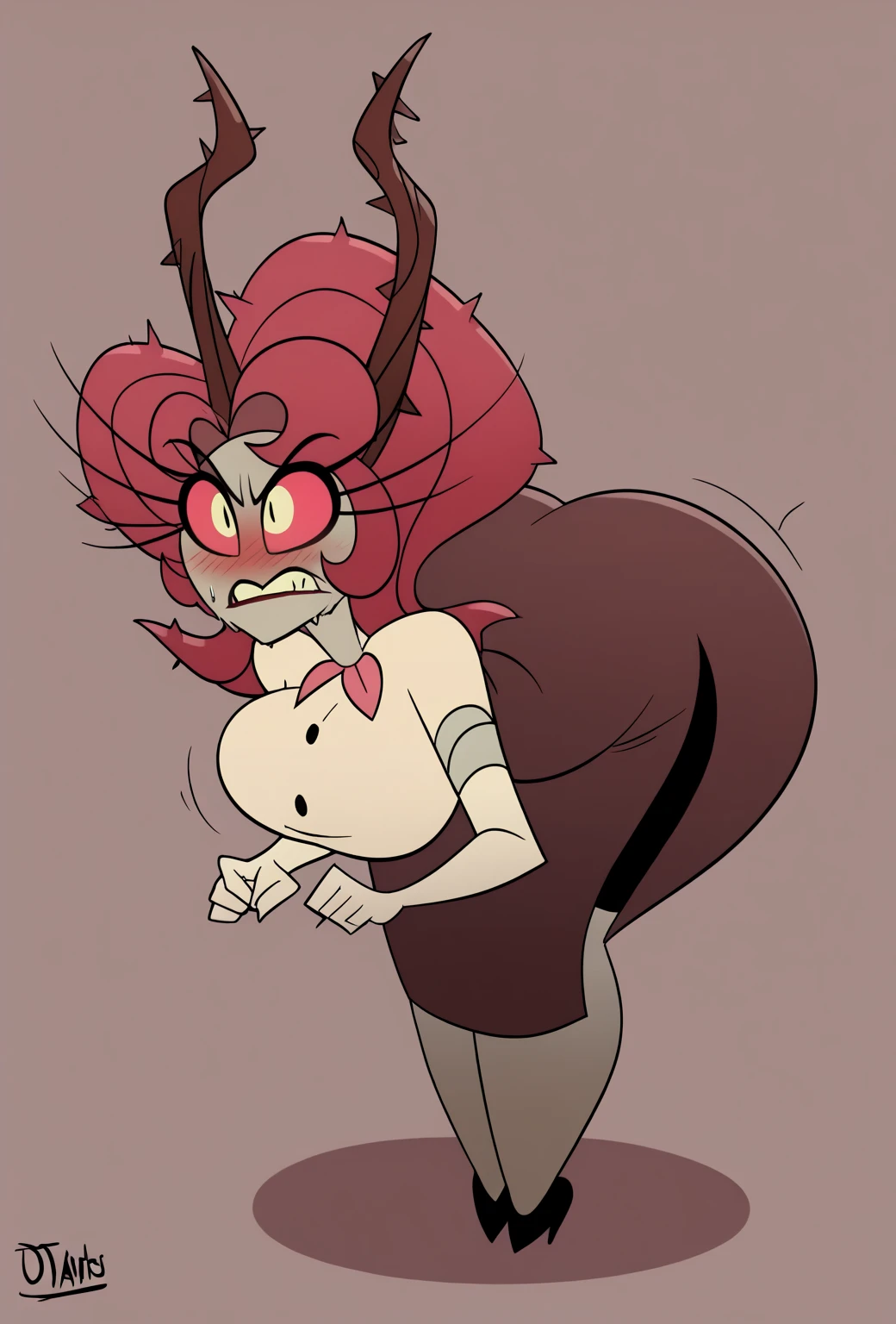 best quality, 1girl,solo, detailed eyes, smile, perfect face, urban area , glasses, demon girl, colored skin, horns, (red skin:1.2), oni,full body, red hair,, <lora:GreenArtistSpice-15:1> greenartistspice,outline,