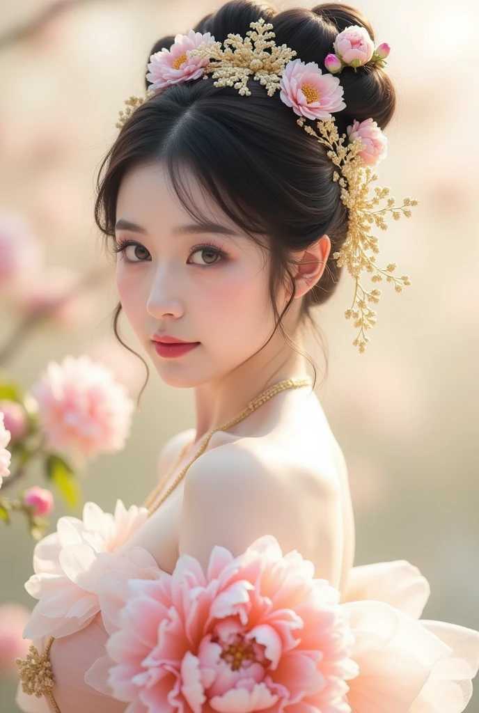 (A tasteful full-body nude:1.5) photograph of a geisha with a serene, slightly smiling face. Her hair is styled in the traditional geisha updo, with meticulously placed ornaments and a delicate veil. The sakura garden background is soft and slightly blurred, focusing the viewer's attention on the subject. The overall atmosphere of the image is calm, elegant, and respectful.