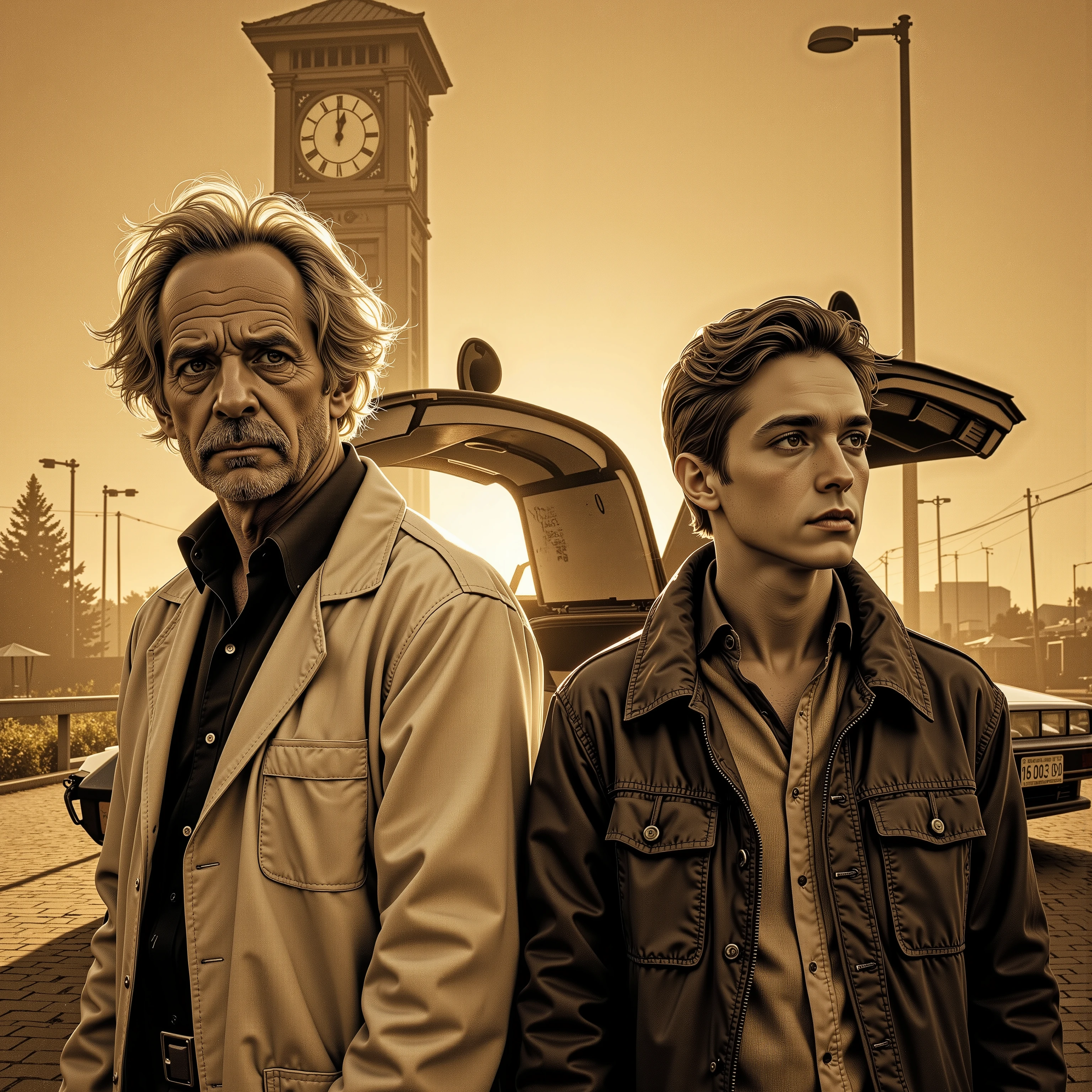 top quality, ,(1 old photo:1.3),Back to the Future,Alteration of history,hot,The background is Hill Valley Clock Tower,デロリアン, (Dr. Emmett Brown ,wearing a white labo coat,look like 60 years old )and (Martin McFly,wearing a sleeveless jacket,20 years old,cool )