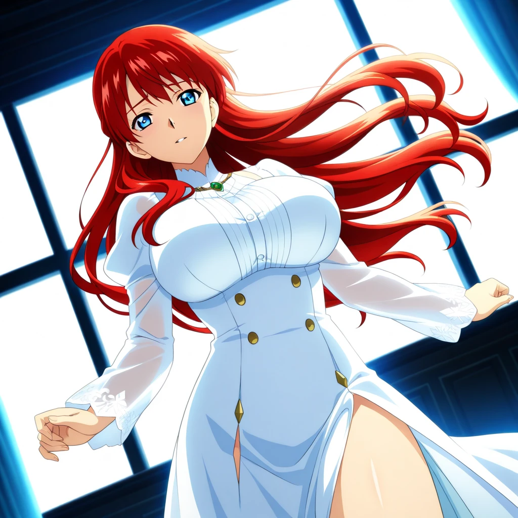 1girl, solo, erza scarlet, fairy tail, red hair, brown eyes, dress, long hair, breasts, underwater, cleavage, bubble, white dress, air bubble, jewelry, large breasts, earrings,full body
