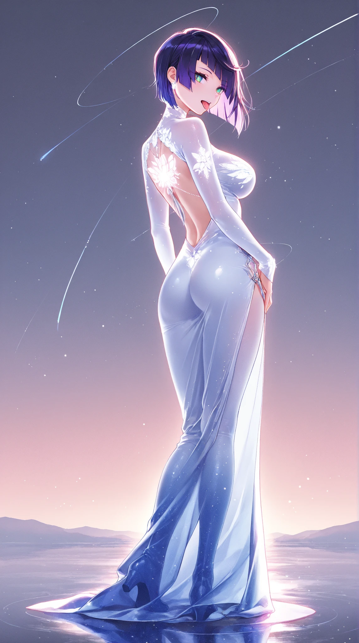 best quality, masterpiece, , ,short, huge breasts, white hair,low twintails, purple eyes, adult, thin twintails, white dress, white skirt, white one-piece, (((shy))), pov, topless