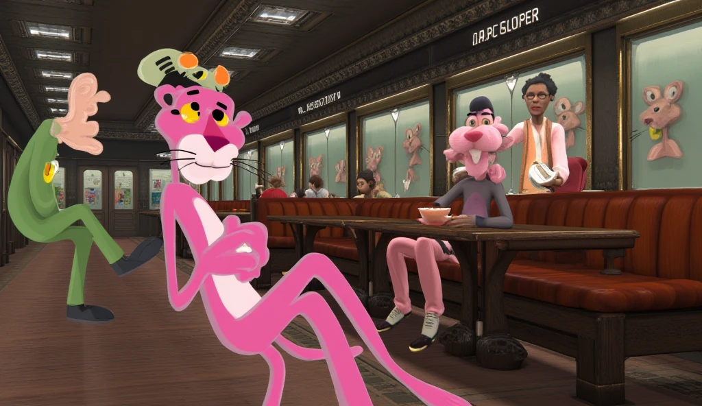 generate a video of the Pink Panther by Friz Freleng with a subway inspector's cap checking passengers' tickets. and sharing a cup of tea with two of friends happily. The entire environment should be hyper-realistic, except for the Pink Panther and suddenly pink panther slips on floor and friends laughing on him
