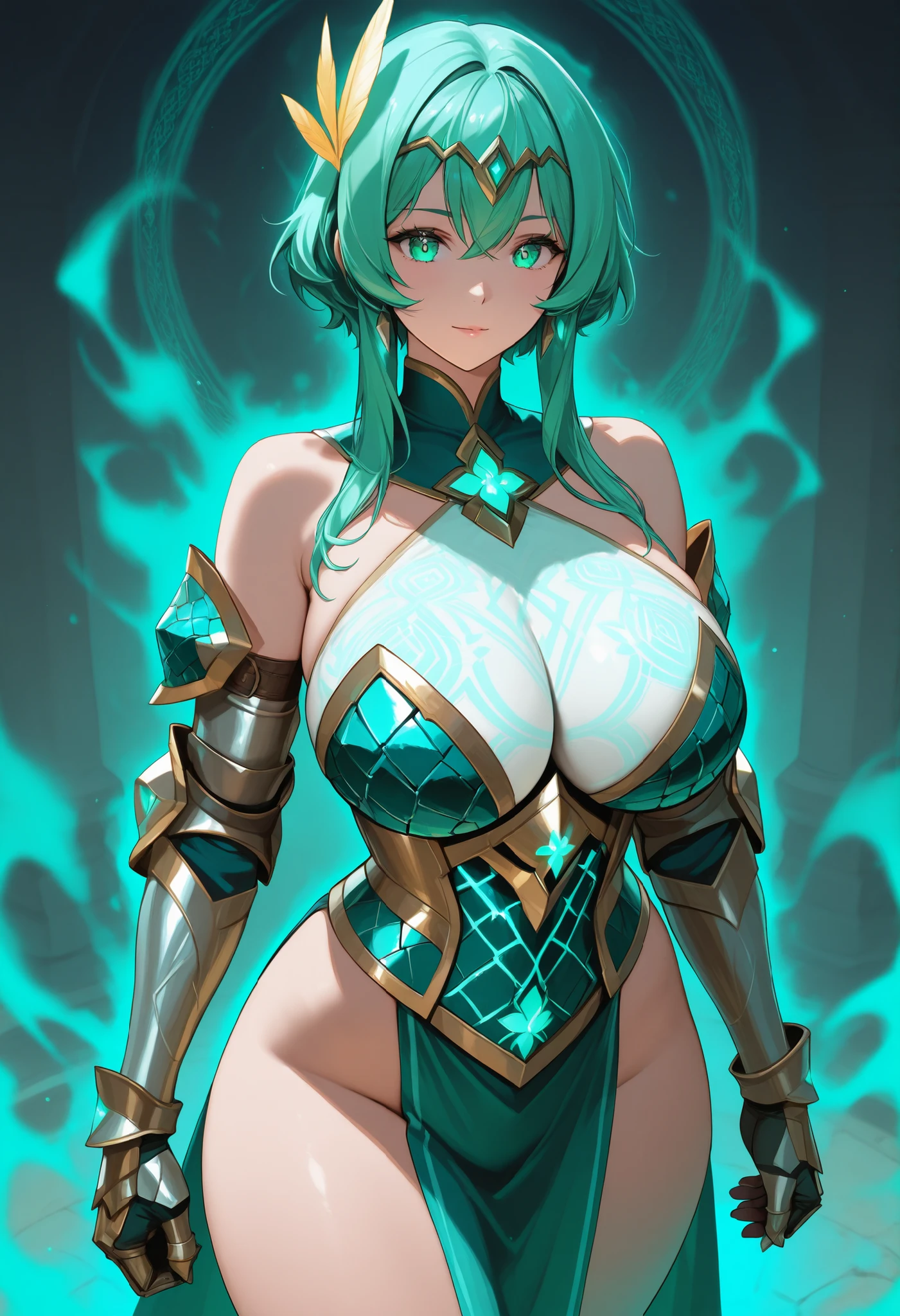 Cartoon poster depicting an anime woman with big breasts, Grande, Fat belly and small breasts, 1 chica, solamente, piel oscura, english text, viejo, hembra de piel oscura, Al aire libre, muslos gruesos, , cabello largo, ombligo, Mano en la cadera, sombra de ojos