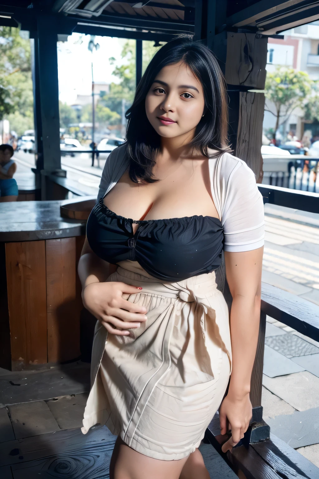 Plus size, shruti Haasan, sitting in restaurant, crowd, sleeveless shirt, teared shorts, thicc, curvy, voluptuous body, curvaceous,
