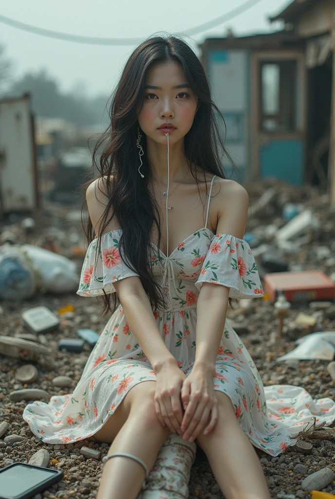 abandoned building，Garbage all over the ground，grimy，18-year-old beautiful Korean beauty，very beautiful long slim legs，Random  beautification，exhibitionists，Random exposure of genitals