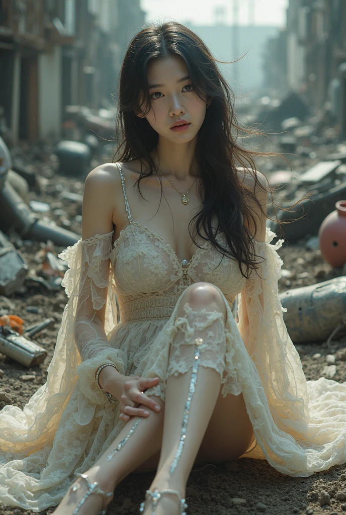 Beggar princess, potholes, ghetto, dirty, humiliated, messy hair, begging, half-squat, begging, royal diamond jewelry, princess crown, tattered light white light evening dress, pearl high heels, long barrel pierced torn white stockings, stiletto heels, big breasts, white skin, 8k,