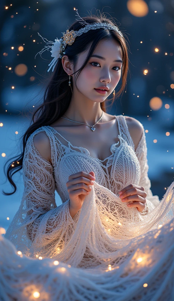 Vast, shines under a clear starry sky, 18 years old, Young Woman 、The sound of. LOOM, captures every nuance of light, } Each emits vivid energy, That thread sparkles like liquid starlight. She weaves, the surrounding sky is filled with breathtaking transparency、the thread sparkles like liquid starlight, Light Wave . the cloth she weaves、shines with vivid constellations and intricate depictions of mythical creatures, that thread sparkles like liquid starlight. the woman concentrates, serious expression, and visually spread through the sky. Her eyes reflect the brilliance of the universe around her,  is small, Shining Star,  and her gown , her long hair flows without feeling gravity, sparkles with translucent ice and stardust. and it's made of ethereal light and frost,, the constellations are sharp and vivid, sitting in front of a huge loom floating with dignity between the constellations is visualized and dances along with her creations to enhance the mystical atmosphere