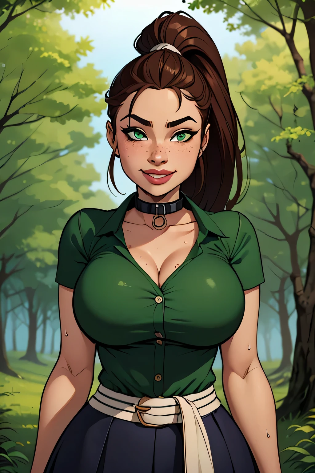 Thin woman (Lara Croft), age 25, 4K (High definition), beautiful smiling, seducing gaze, eyes browns, wearing a green dress (com zipper lateral) and short sleeves, arms positioned at the side of the body, brunette skin, long brown hair tangled (pony-tail), upper body (sitting at the table), full of curves with freckles on her chest and neck, round breasts. High-quality Marvel style, white background.