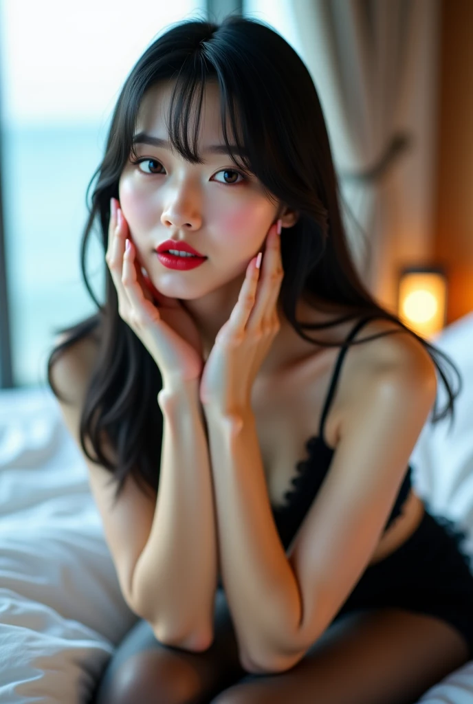 (((photorealistic:1.4))), ultra realistic, pores, (((masterpiece))),high quality, ultra details, realistic smiling white skin beautiful face pretty korean idol adult woman showing very long sharp black fingernails, model, very pretty, vein on hands, sitting on man head with deep cuts on throat and ripped, wound, blood splatter, extreme gore, bed, modern luxury hotel room, looking at camera,