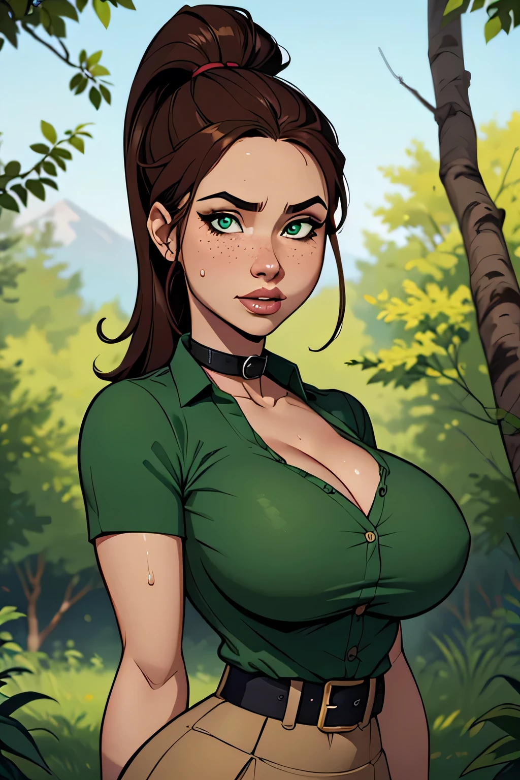 ((Solo)) ((Masterpiece)) ((High Quality)) ((Perfect Face)) ((Beautiful)) ((Round face)) ((20 years old)) ((Auburn hair)) ((Long black Hair)) ((Cute Nose)) ((Green Eyes)) ((Light Skin)) ((Camisole)) ((Tight jeans)) ((Full lips)) Curvy figure