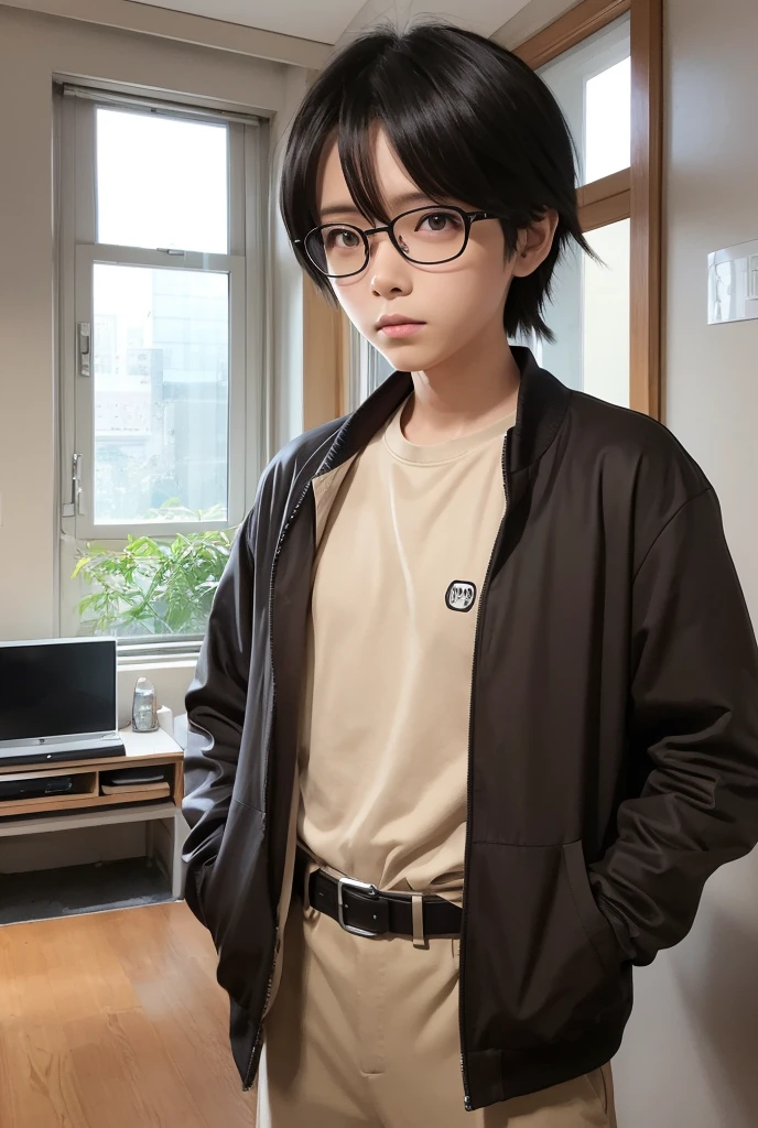 a teenage boy, blackquality hair, greeneyes, Caucasian skin, glasses, sitting on your bed, bedroom setting with shelves full of objects like figures, textbooks, he has a toned body hidden by a large t-shirt and sweatpants, in a good mood