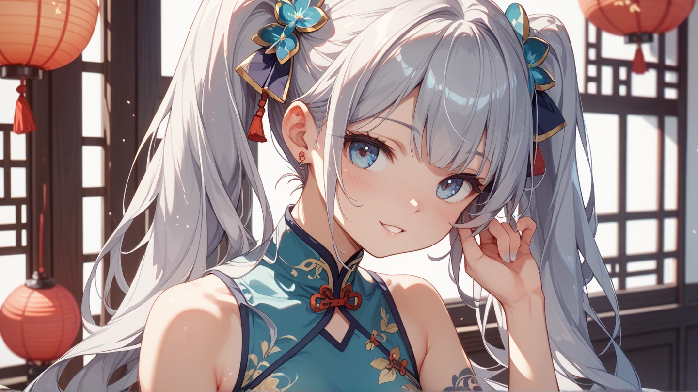 A young woman with long smooth grey hair, purple and blue gradient eyes with vibrant luminous hues, fair skin tone, cheongsam, (detailed body), (detailed eyes) (masterpiece), (best quality), (ultra-detailed)