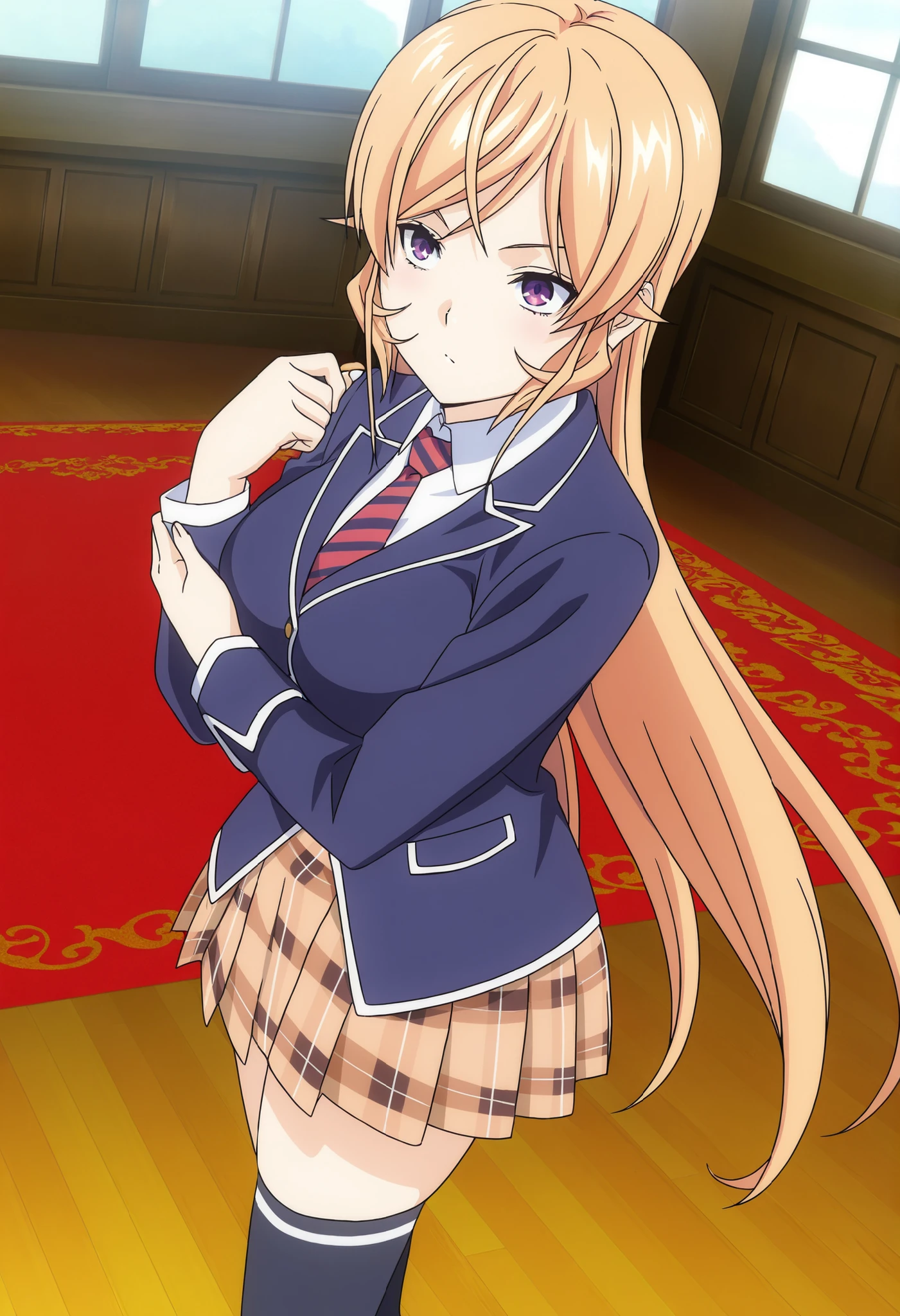 Official anime artwork,anime screencap,anime coloring,masterpiece,best quality,Nakiri Erina,very long hair,blonde hair,hair between eyes,purple eyes,school uniform, standing,blue jacket,blazer,wing collar,red striped necktie,white shirt,collared shirt,long sleeves,large breasts,skindentation,mini brown plaid skirt,blue thighhighs,loafers