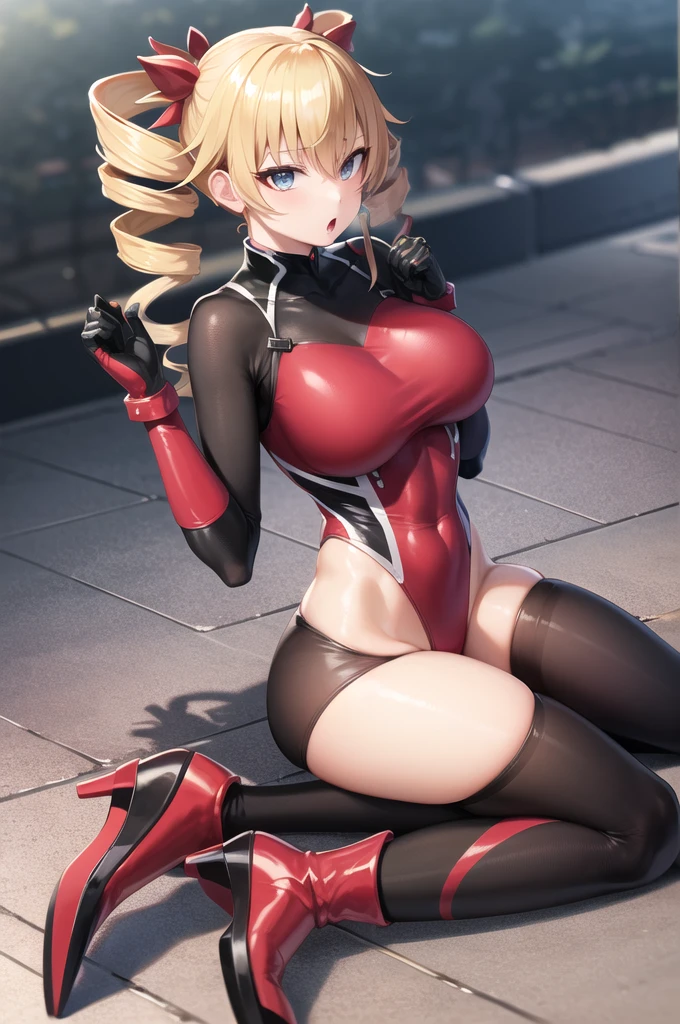 (((Perfect body,White and tender skin,(((spider man,black Spider Man costume,spider tights,(red cloak:1.2)))),(((blonde hair, Bangs, hair accessories, ponytail, yellow eyes, orange eyes, hair between eyes,))),((masterpiece)),highres,((Best quality at best)),masterpiece,quality,Best quality,((( Exquisite facial features,Looking at the audience,There is light in the eyes,(((Open your mouth,Separate your lips,ahegao,Sticking out tongue)))))),(((Light and shadow,Huge breasts,))),(((Looking at the camera,black background,Close-up of face))))