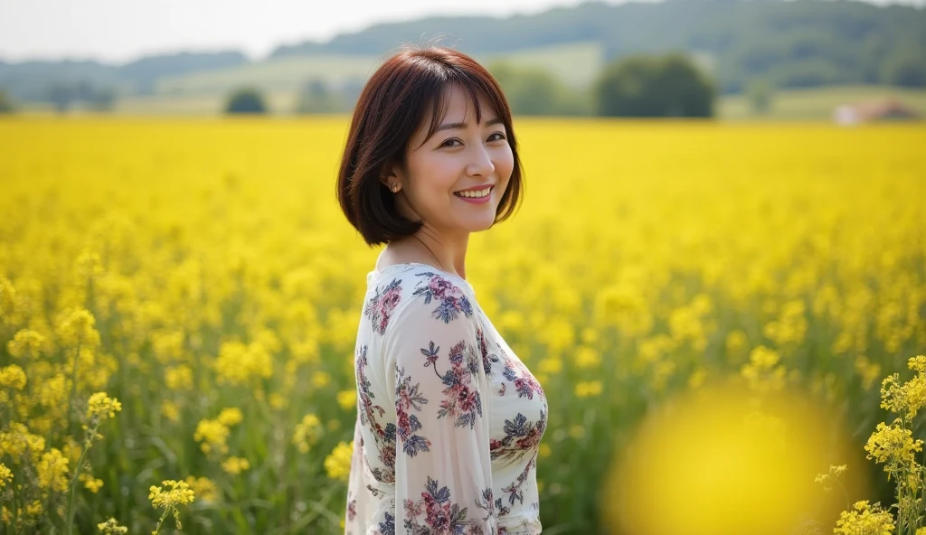 Adult female,Japanese,Farmer, Vegetable plantation, Ultra-realistic, Typical country clothing, Let your hair down on a sunny day、Lovely face and smile,Large Breasts,Big Ass,40 years old,Emphasize the chest