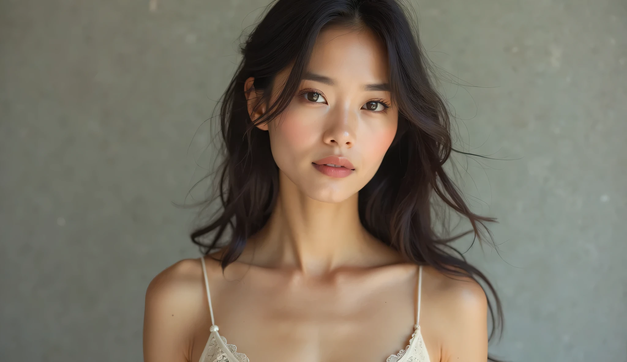 A Indonesian girl is depicted in a medium portrait shot, exuding a sense of shyness. Her eyes are watery, adding a touch of vulnerability to her expression. She is adorned in a modern, plain hijab that complements her pastel lingerie, suggesting a blend of modesty and contemporary style. The background is soft with light bokeh, enhancing the dreamy atmosphere. Glowing particles subtly surround her, contributing to the magical feel of the portrait. Her body is portrayed as proportional, balancing the overall composition