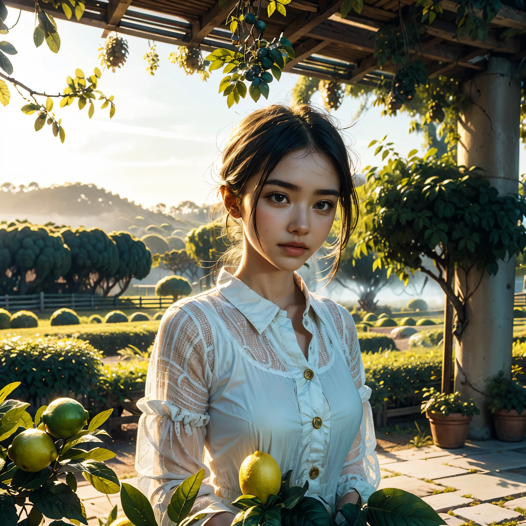 Landscape photography,lemon tree,golden_lemon_orchard,rolling_green_hills,modern_drip_irrigation,sunlit_citrus_trees,crystalline_water_droplets,amber_fruit,woven_bamboo_baskets,terraced_farmland,dappled_sunlight,verdant_leaf_veins,agricultural_landscape,morning_mist,dewdrops_on_leaves