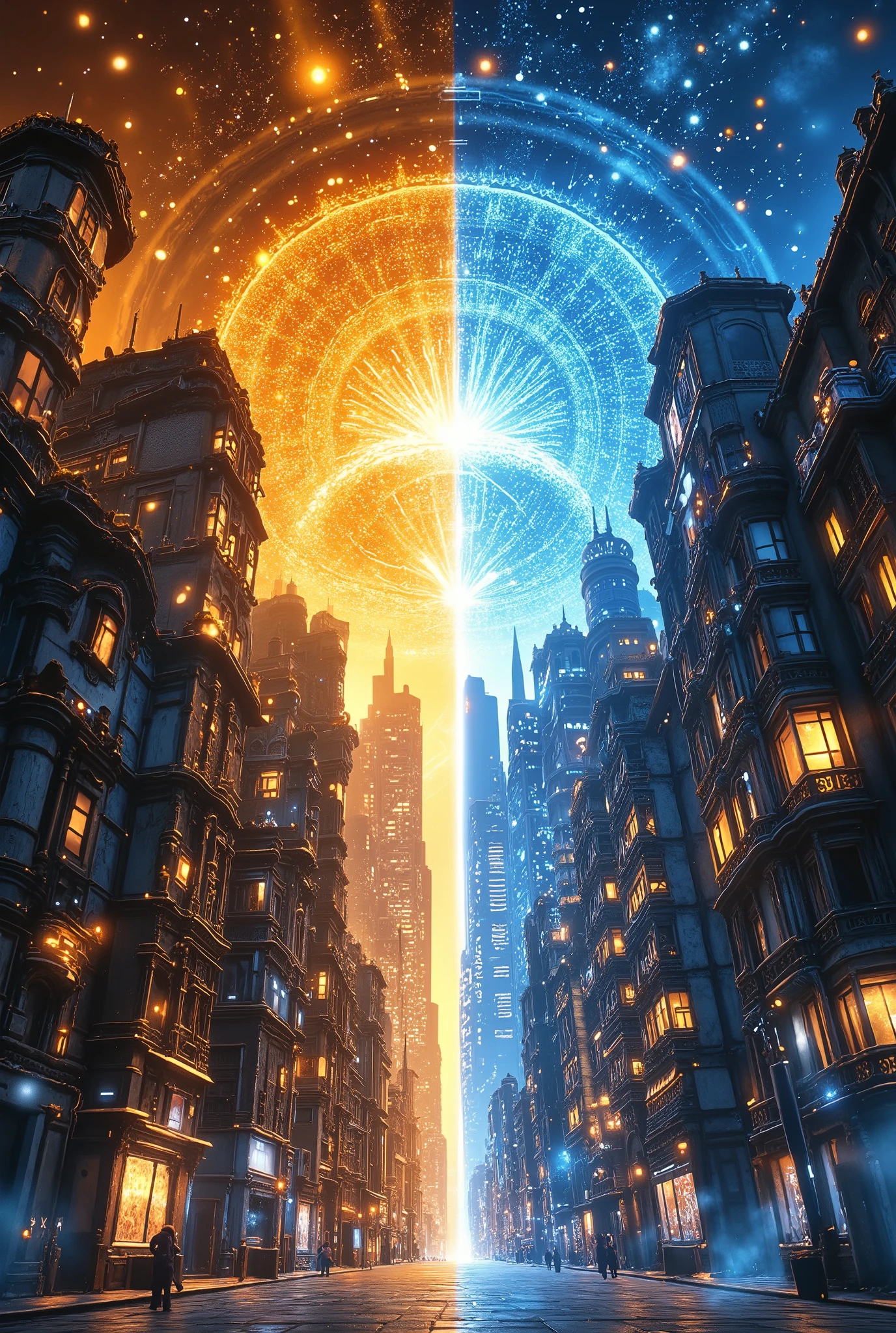 (( City of the future and the old city both together in the same image quality HD , on the right the photo of the future on the left the photo past old buildings same photo in half oil ink effect HD remastered 1.5 horizontal angle))( the photo of the future digital quality HD 1.8 , the old image all at the same angle and dimension remastered black and white digital quality))