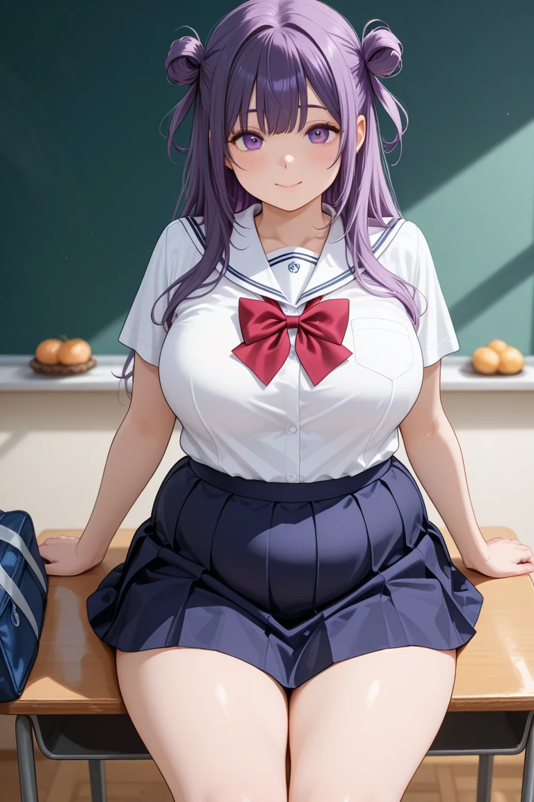 purple eyes, (best quality, masterpiece painting:1.2), Oboro, mature female, 26yo, (full body shot:1.3), schoolgirl, school uniform, (happy, smile, caring look:1.5), purple hair, short hair, stacked bob hair, (large breasts:1.2), (narrow waist:1.1), cleavage, perfect body, (athletic body:1.1), soft skin, anime face, perfect face, (perfect eyes:1.1), purple irises, anime eyes, smoky eyeliner, eyeshadow, asian, looking at viewer, smart, whiteboard background, classroom, sharp focus, intricate details, professional artwork, (vibrant colors:1.1), vivid colors, Diffused lighting, digital blending, ultra detailed body, ultra detail hair, ultra detail face, trending on pixiv, top button opened,