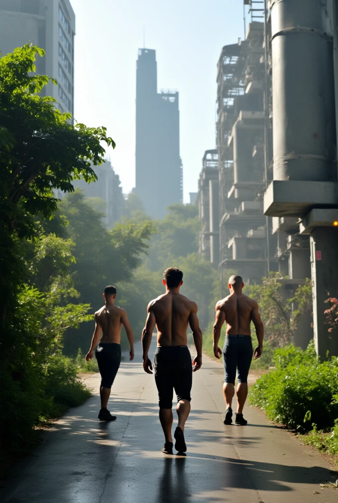2 boys walking turn back Korean young boy, transformation from human to devil series scenes,Korean guy actor, Korean series sweet home,nude ass, nude body, white skin body, slim skinny thin body looks like a boy, walking turn sideways to viewer, naked ass, abandoned Seoul city,war, wearing soldier boots.ruined building
