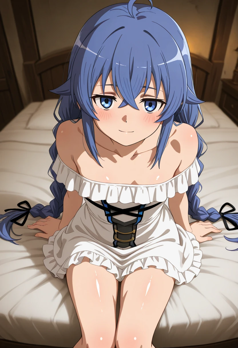 ((masterpiece)),((highres)),((best quality)),((highly detailed)),((extremely detailed CG unity 8k wallpaper)),illustration,Artemis,medium breasts,facing viewer,looking at viewer,smile,light blush,bedroom,on bed,window,night,thighhighs,crossed legs,
