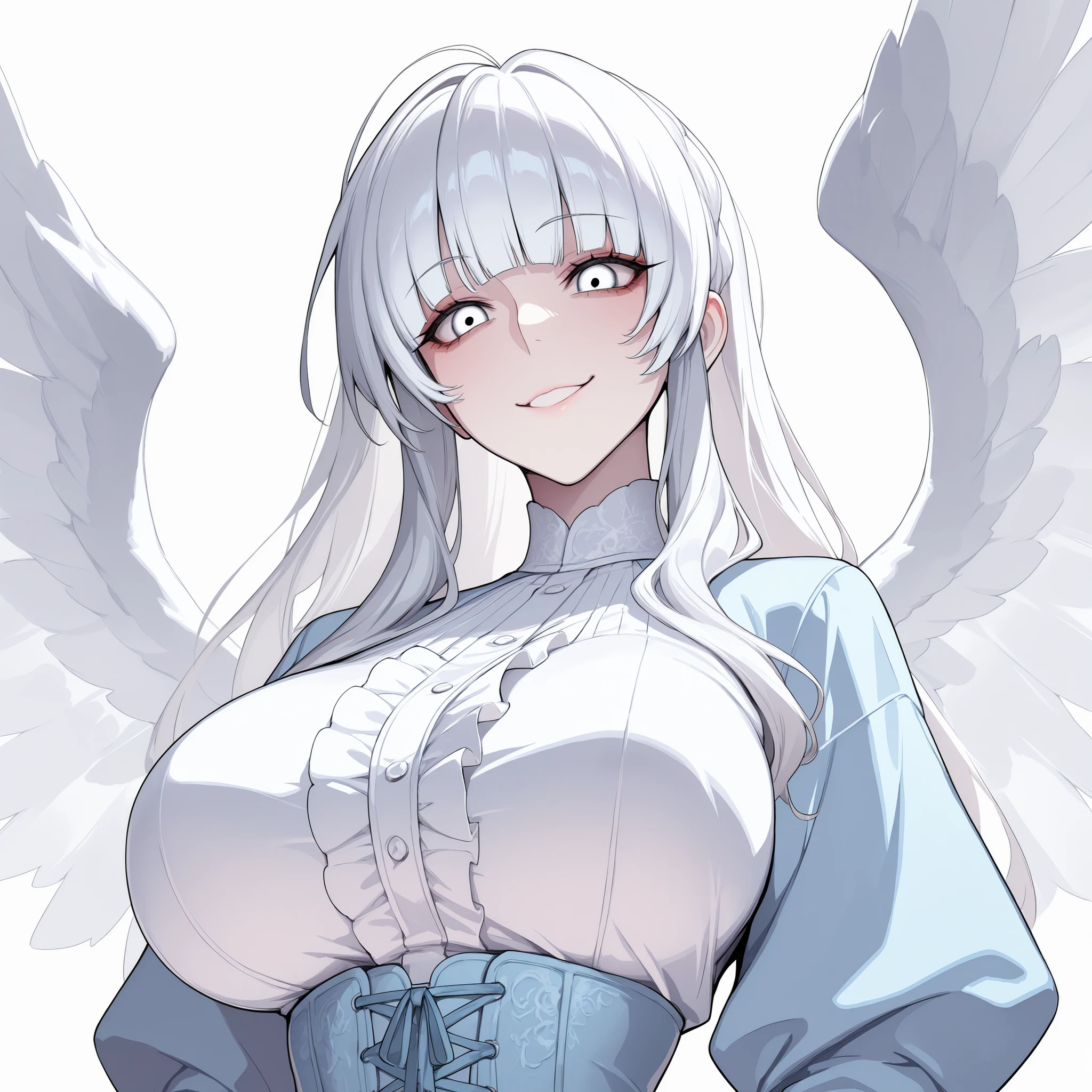 absurdres, (((Ultra HD))), (((Ultra High Quality))), ((hyper detailed)), ((Ultra High Resolution)), (Highly rendered), ((detailed eyes)), (((8K))), ((perfect face)), ((masterpiece)), cinematic, darkened, solo, 1girl, short, short height, silver hair, long hair, blunt bangs, smile, silvers eyes, large breasts, white wings, angel wings, blue Victorian dress, corset, blue skirt, frills, white background