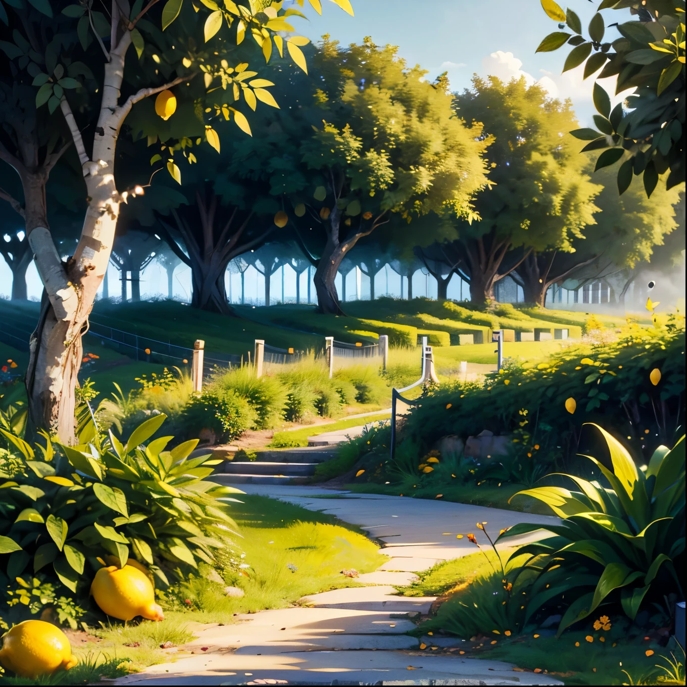Landscape photography,lemon tree,golden_lemon_orchard,rolling_green_hills,modern_drip_irrigation,sunlit_citrus_trees,crystalline_water_droplets,amber_fruit,woven_bamboo_baskets,terraced_farmland,dappled_sunlight,verdant_leaf_veins,agricultural_landscape,morning_mist,dewdrops_on_leaves
