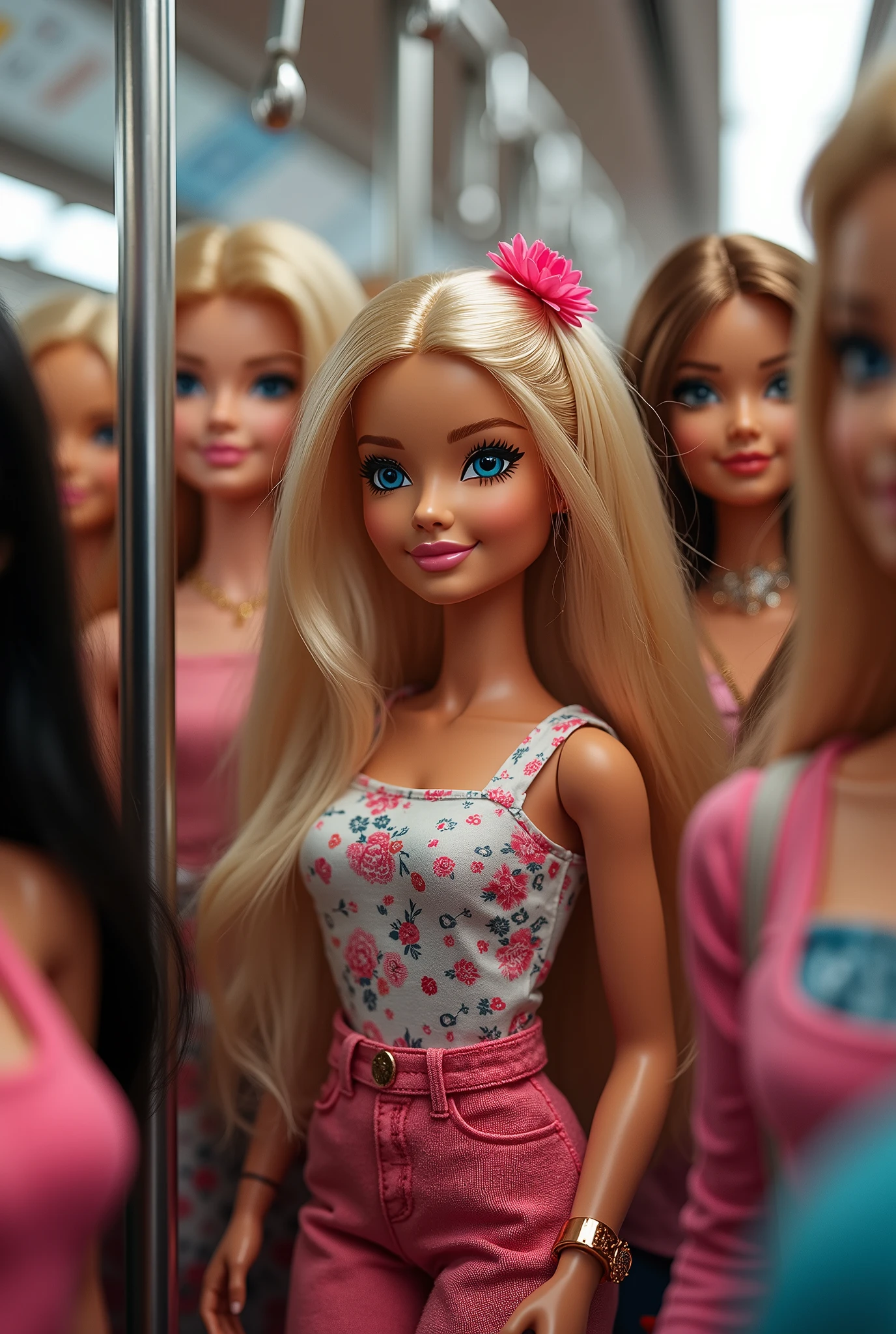 Create a vibrant portrait of an adorable Barbie doll in a crowded subway train filled with various Barbies, all squeezed together. Capture the playful and whimsical atmosphere, highlighting the unique styles and expressions of each doll in this charming scene.