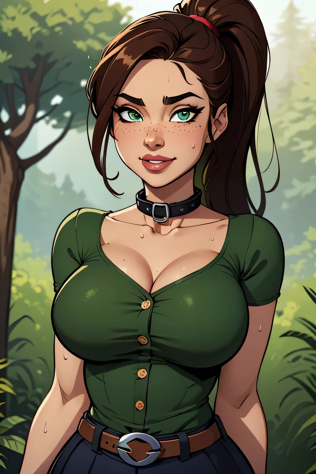 gorgeous tomboy duidess, clothes made of leaves, ivy, poison, vines, dandelions, dark red hair, black hair, pixie cut