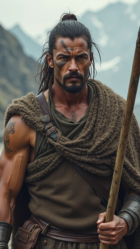 analog film photo, photo of a barbarian, 25 years old, male, brown eyes, short dark curls, tan complexion, soft facial features, medium height, broad shoulders, stocky physique, slightly chubby, hairy body, lots of body hair, wearing fur greaves, walking through a scorched battlefield, resembles Dean Cain, RAW Photograph, dslr, soft lighting, high quality, film grain, Fujifilm XT3, detailed skin with visible pores, insane details, masterpiece, 8k, 35mm photograph, dslr, kodachrome, faded film, desaturated, grainy, vintage, Lomography, stained, highly detailed, found footage, full-body shot