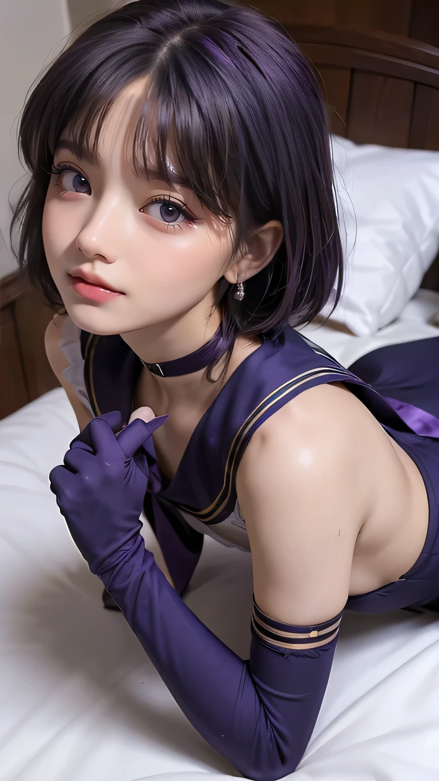 ((( top quality ))), (( masterpiece)), ( details),(((on the bed:1.4))), (((((( HotaruTomoe, (sailor Saturn , purple hair, short hair, elbow gloves, neck ribbon, bangs, long hair, circlet))))))))))), ((( Slender Body, Big Breasts , Big Breasts,chest, Cleevidge, big butt,Wide range,Thighs, ))), (( camel toe)),(( Glowing Skin, white skin, Glowing Skin)), Mysterious Light, ((( well-groomed face,sad face,humiliation,angry face ,ecstatic expression,Pleasure,embarrassed expression,A slightly open mouth,Kiss ))), (( big eyes)), (((((( Bored Eyes )))))), (( random angle )), Fully effective , eyeshadow , pink cheeks, earrings, necklace for 1 person at the crotch,vaginal,breast grab,after sex, cum, lying, cumdrip, ass, on stomach, on back, fucked silly, sweat, cum pool, bukkake, trembling,legspread