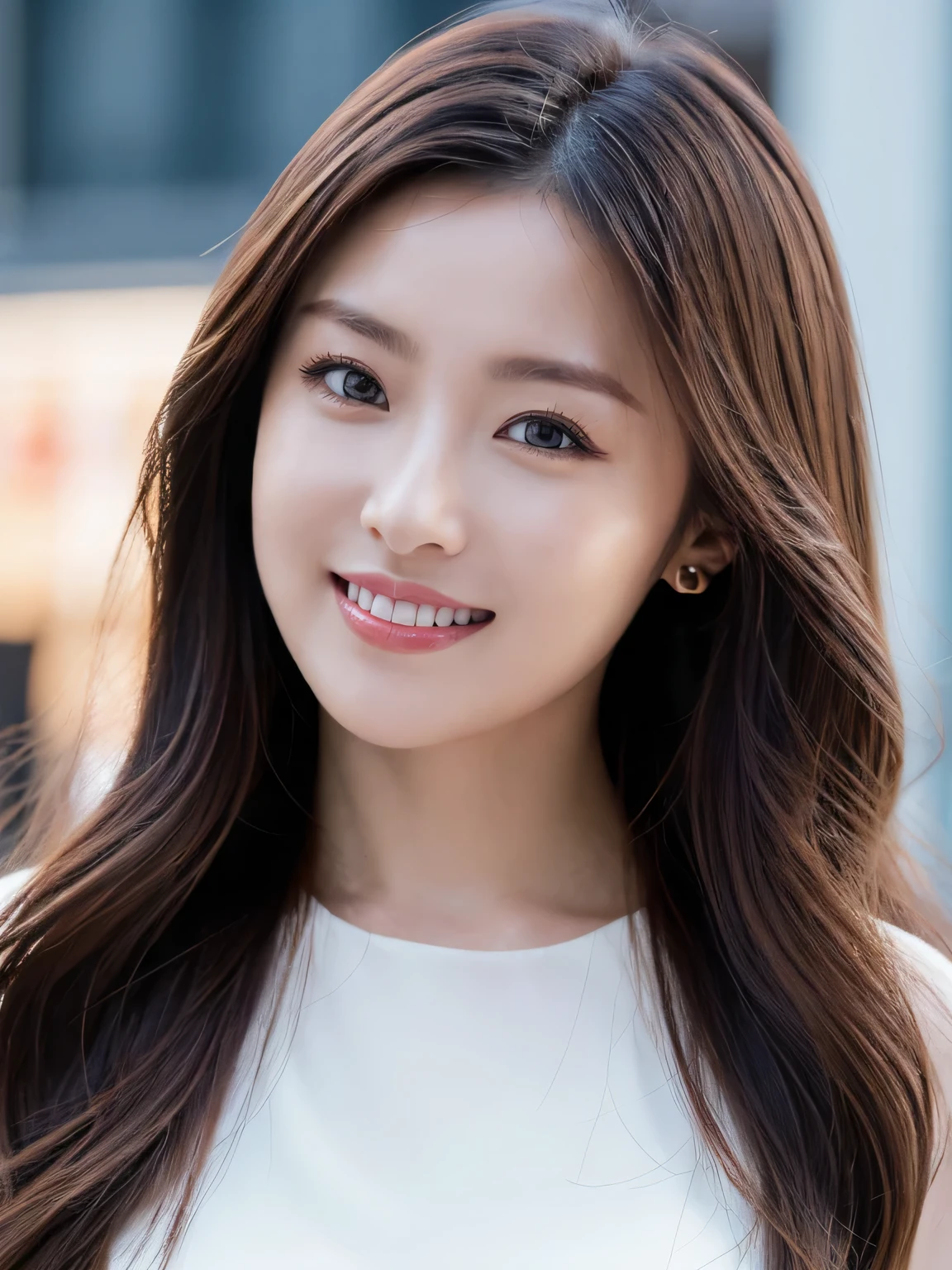 highest quality, waist shot, masterpiece, dark eyebrows, ultra high resolution, realistic, very detailed, professional lighting smile, eagle nose, semi-long hair, transparent silk dress, random body orientation, background for urban city street,