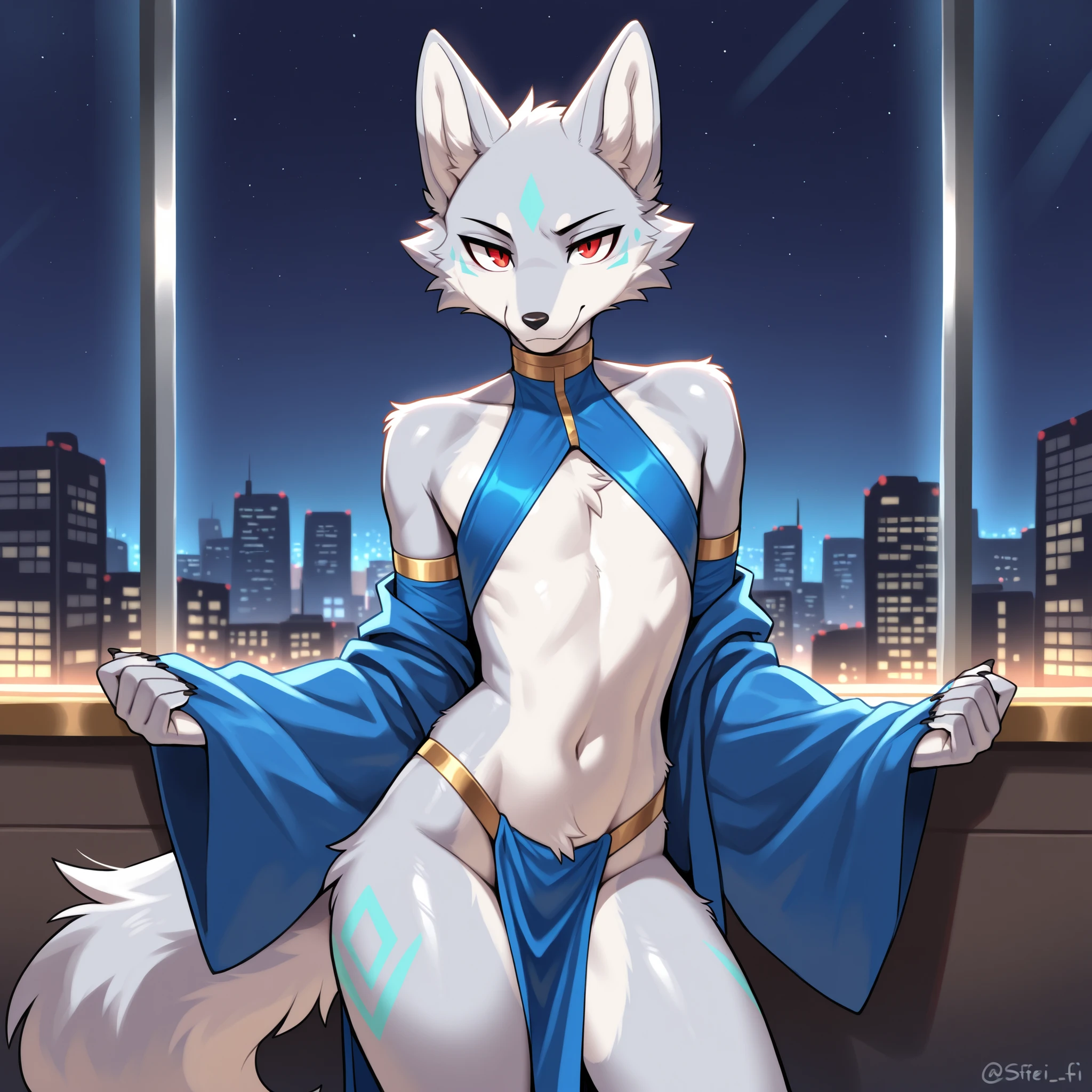 ((masterpiece, best quality)), (anthro furry:1.3, snout:1.2, anthro:1.3, furry:1.2, solo male:1.2) source_furry, rating_safe, (correct anatomy:1.1), kemono, furry wolf, anthropomorphic, male, silver fur, silver skin, red eyes, femboy, flat chest, sci-fi clothes, (blue clothes) revealing clothes, modern city, uploaded on e621,