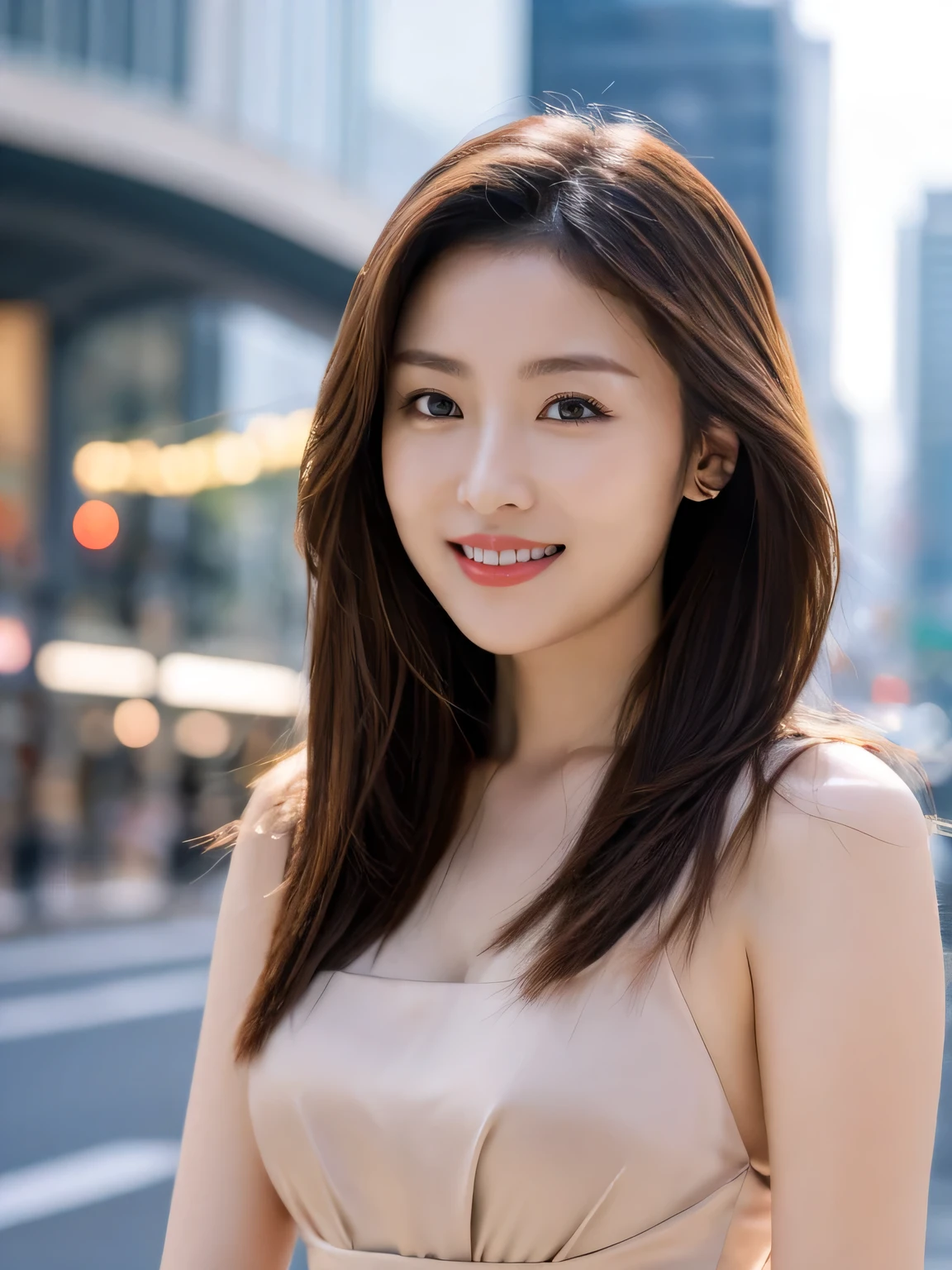 highest quality, waist shot, masterpiece, dark eyebrows, ultra high resolution, realistic, very detailed, professional lighting smile, eagle nose, semi-long hair, transparent silk dress, random body orientation, background for urban city street,